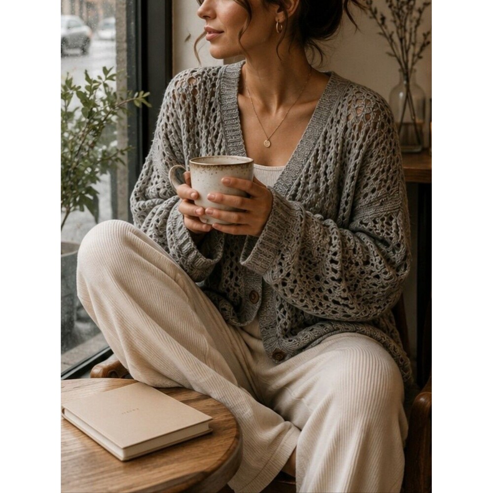 Cardigan M Grey Button Front Bell Sleeves Open Knit Cottagecore Coquette